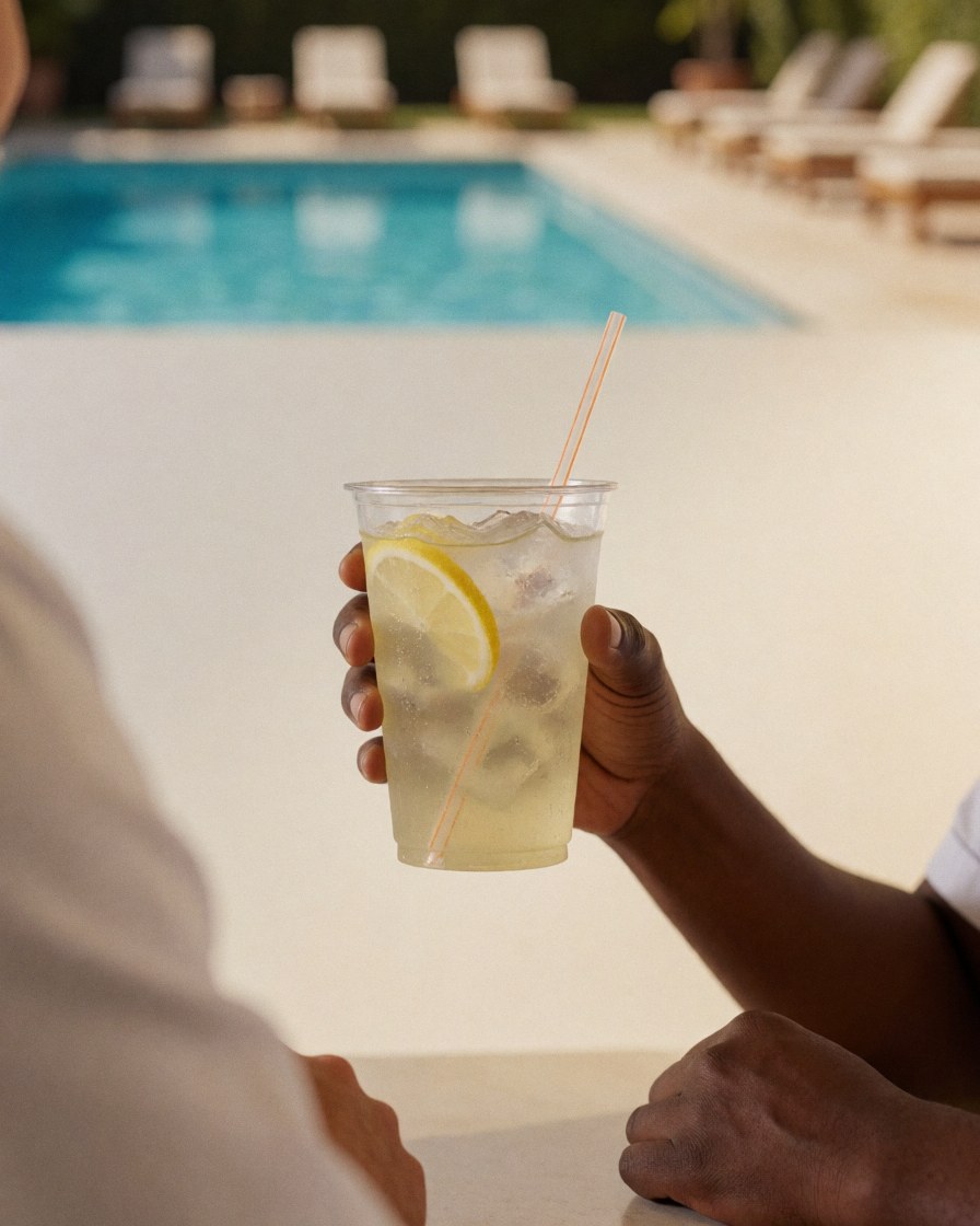 A hand holding a glass with lemon and ice in front of a pool with beach chairs, ideal for a water park.
