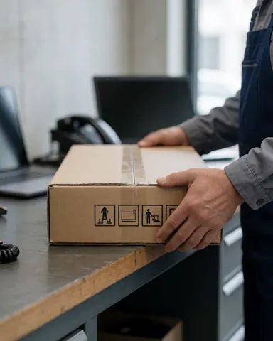 Professional hands placing a television box with handling symbols on a workbench in a workshop with concrete walls.