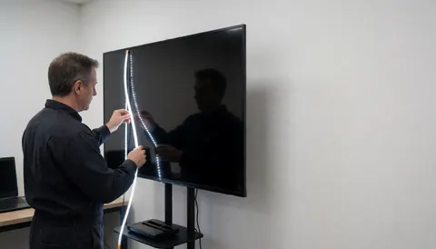 Technician testing a bright LED strip along the edge of a TV panel in a white-walled workshop for TV repair service