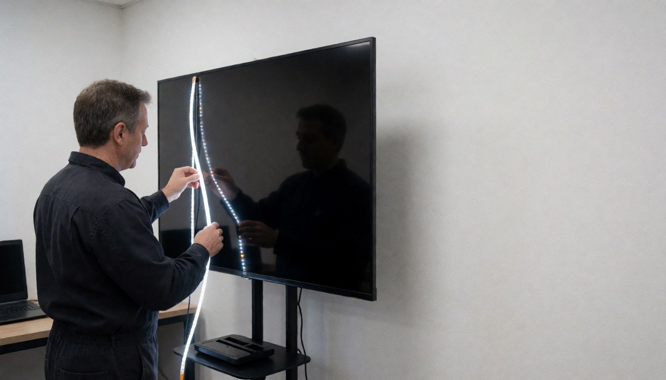 Technician testing a bright LED strip along the edge of a TV panel in a white-walled workshop for TV repair service