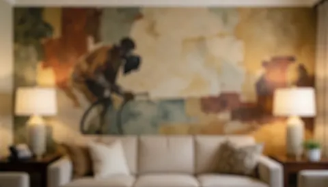 Abstract mural on a living room wall with a sofa and lamps, ideal for interior design text background