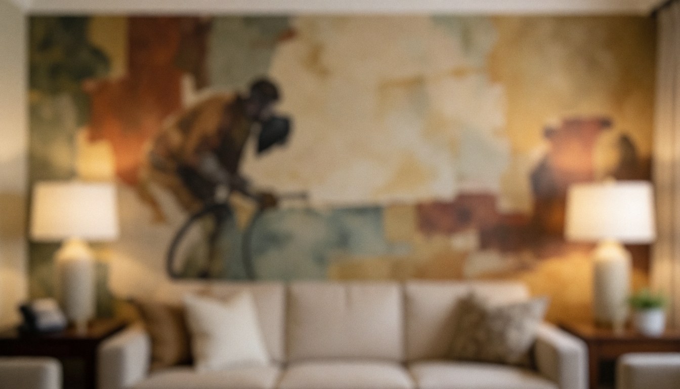 Abstract mural on a living room wall with a sofa and lamps, ideal for interior design text background