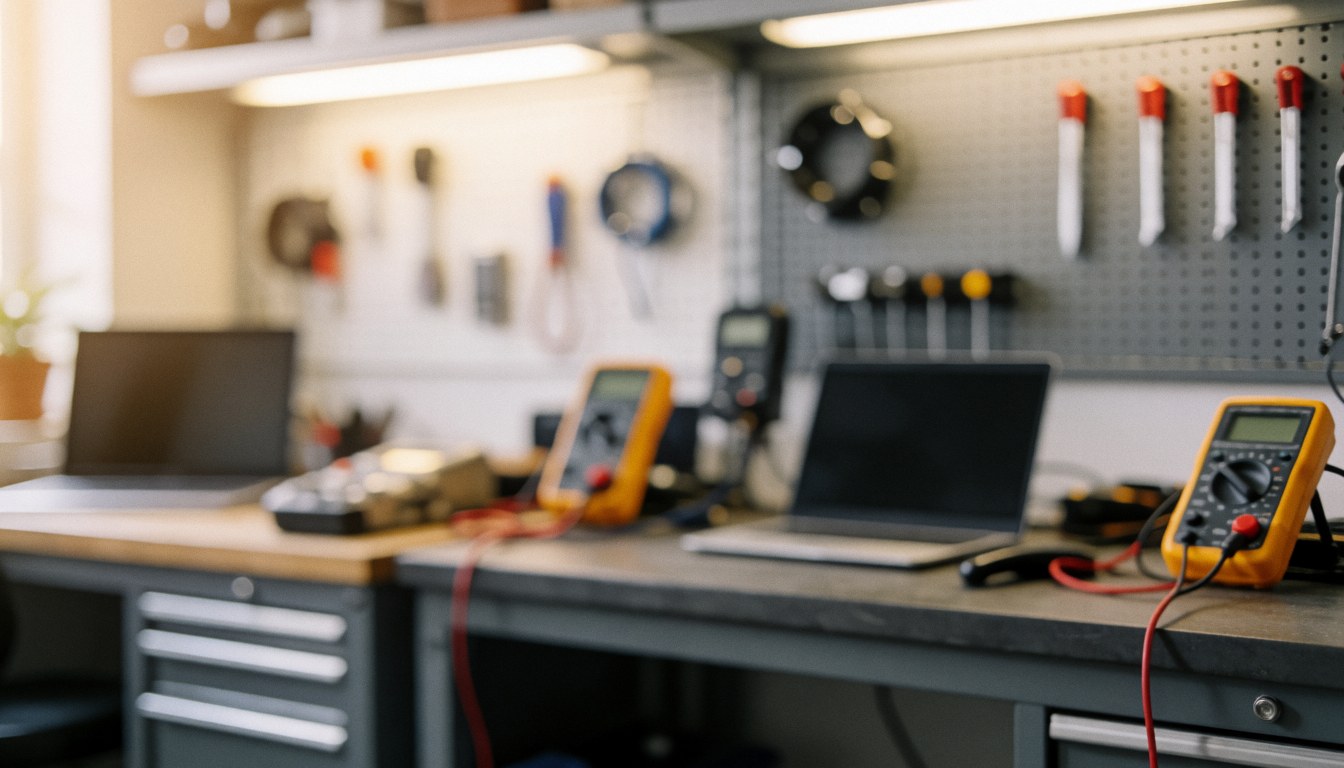 Workshop background featuring multimeters and tools on a wall with workstations under warm lighting