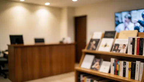 Wooden bookshelf and table in a tango school reception with warm lighting and smooth walls, suitable as a text background
