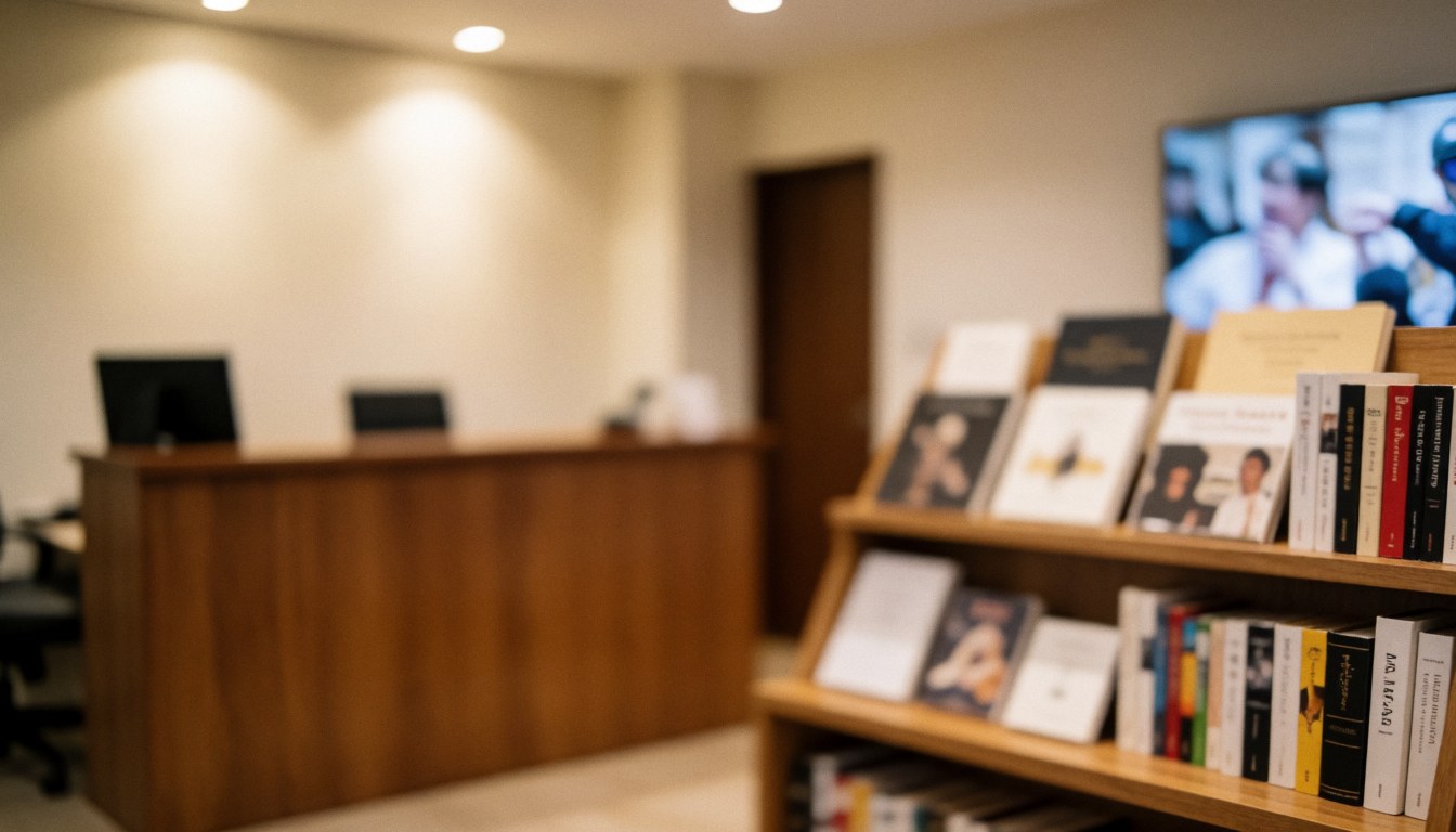 Wooden bookshelf and table in a tango school reception with warm lighting and smooth walls, suitable as a text background
