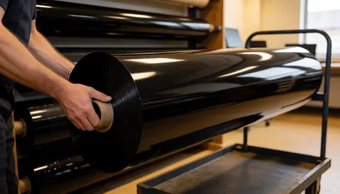 A worker guides a large shiny black vinyl roll on a cart in an industrial workshop with warm lighting and other rolls in the background.