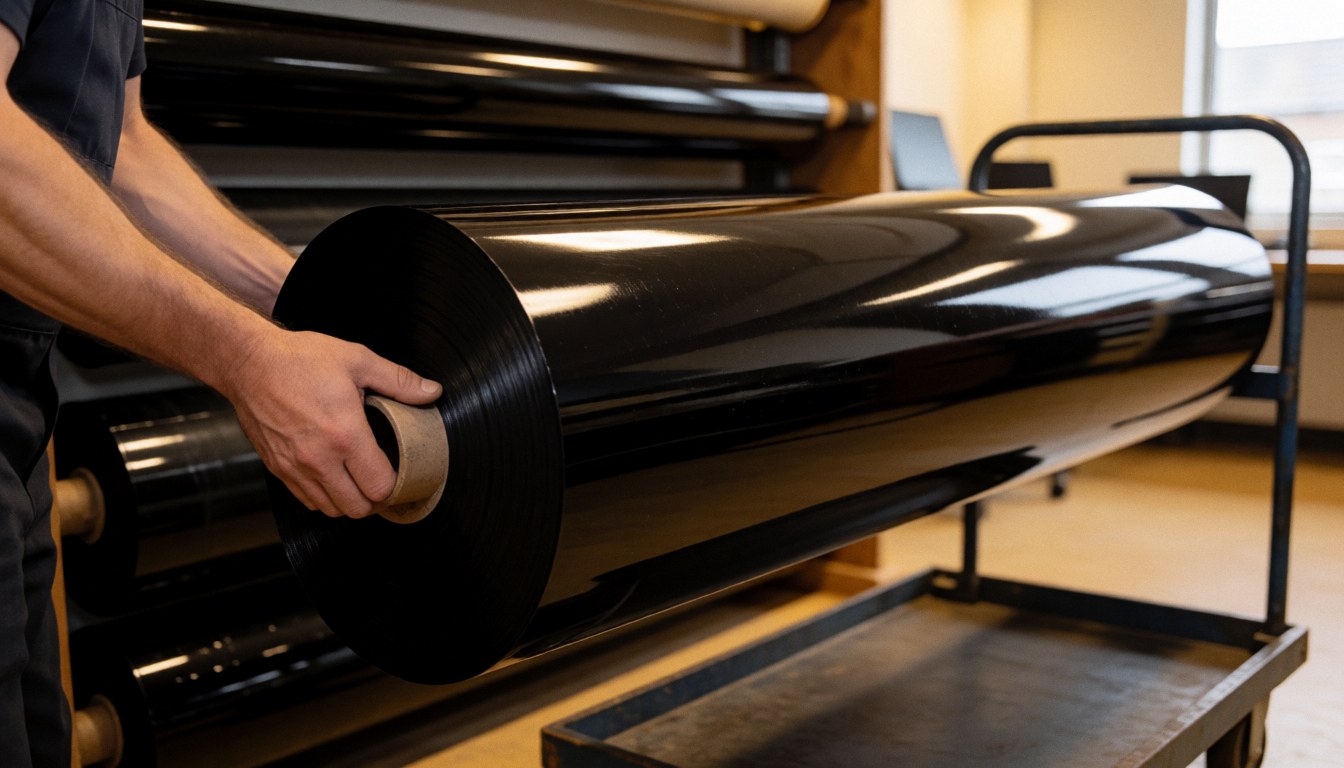 A worker guides a large shiny black vinyl roll on a cart in an industrial workshop with warm lighting and other rolls in the background.
