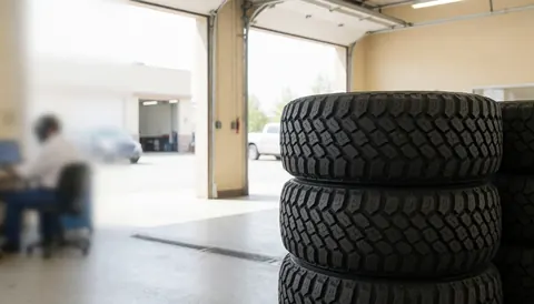 A pile of truck tires in a workshop with beige walls and natural light, suitable for tire and automotive service businesses.