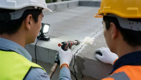 Technician applying polyurethane foam to a concrete ceiling crack using waterproofing equipment for repair