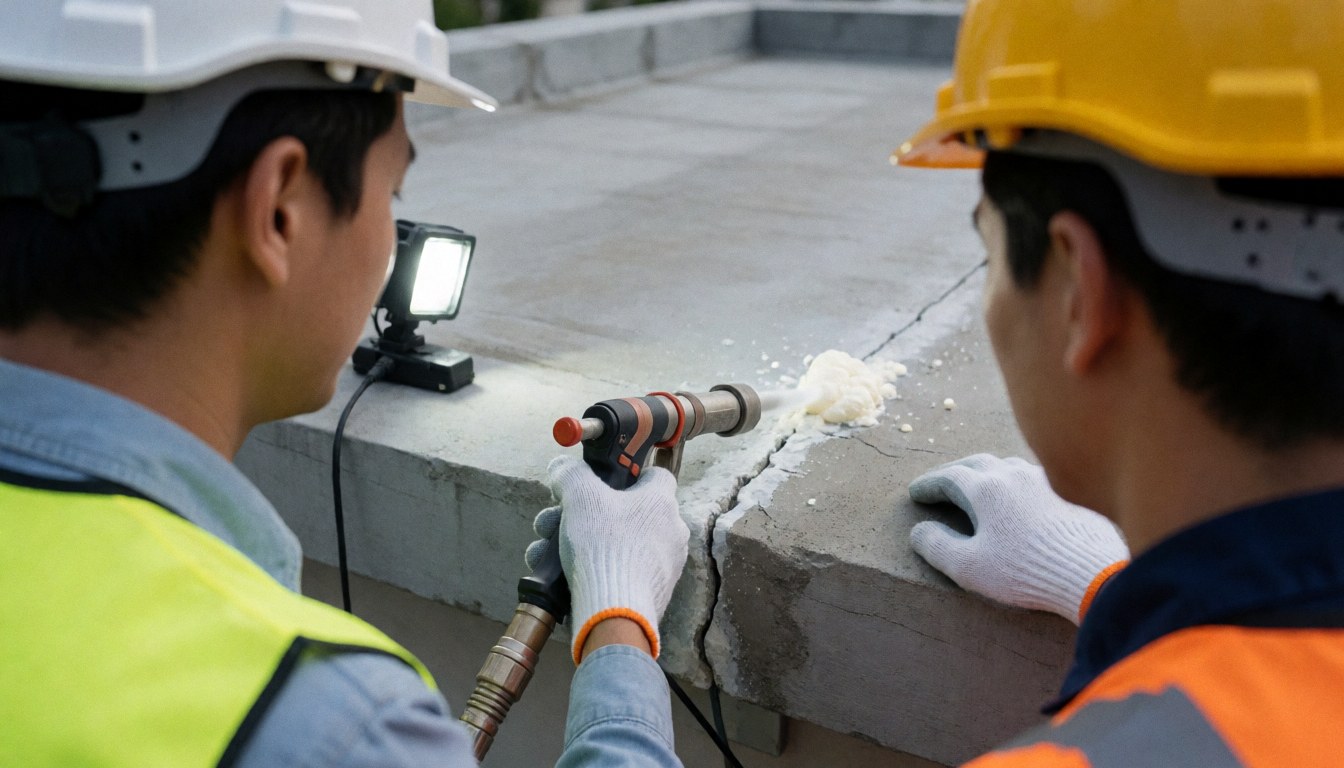 Technician applying polyurethane foam to a concrete ceiling crack using waterproofing equipment for repair