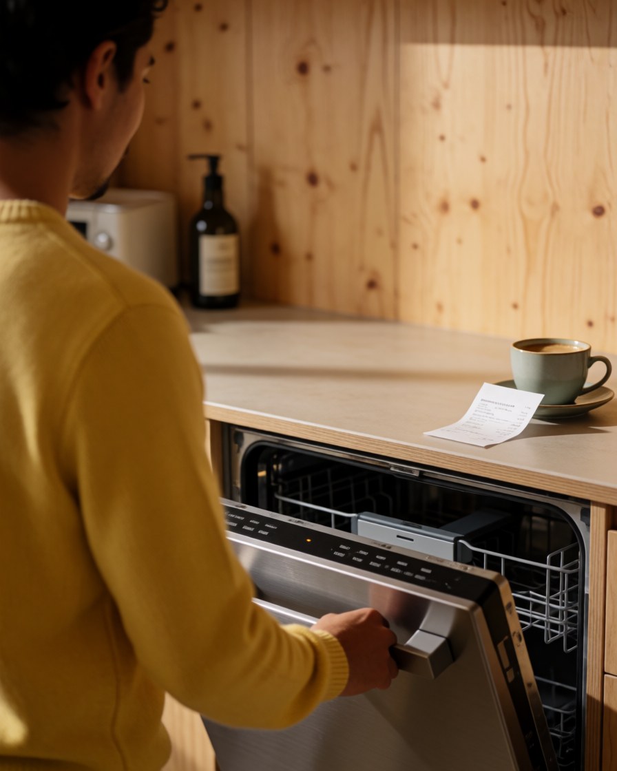 Customer checking the repaired dishwasher with receipt and coffee visible in a kitchen with wooden walls