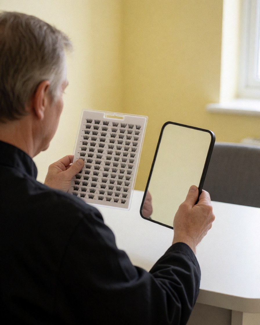 Eyelash extension technician holding a mirror and a lash chart during a professional consultation in a salon with yellow walls