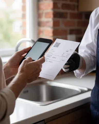 Customer using mobile phone to scan qr code on invoice in kitchen with brick wall background
