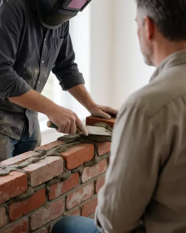 A bricklayer works on a brick wall while a client observes the construction process closely.