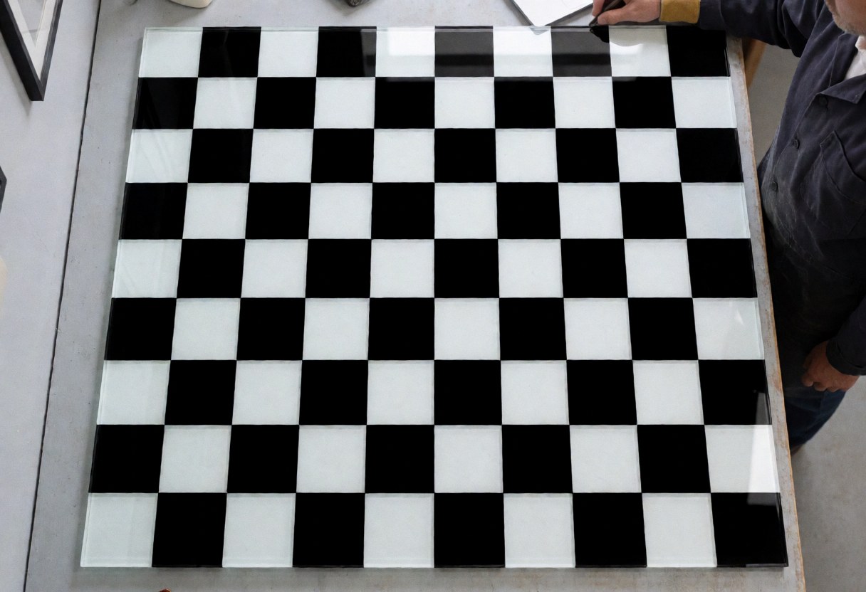 Black and white checkered decorative glass panel ready for installation in a workshop with gray walls and visible tools