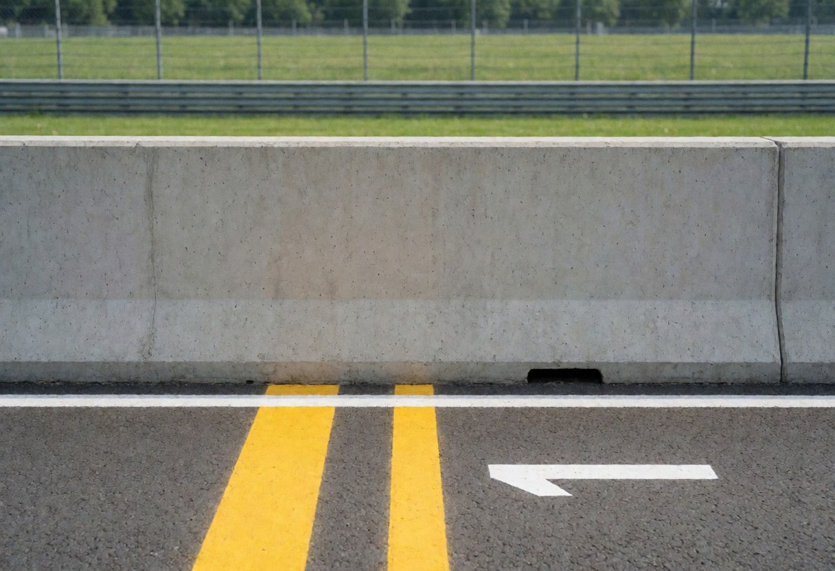 Concrete wall with yellow stripes and white arrow on asphalt, grass and metal fence background