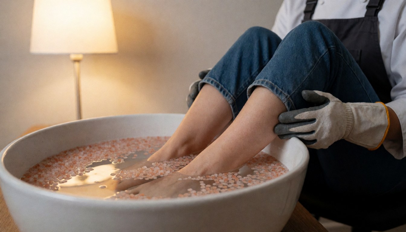 Client feet soaking in a salt bath while a professional applies a treatment in a relaxing warm-lit salon setting.