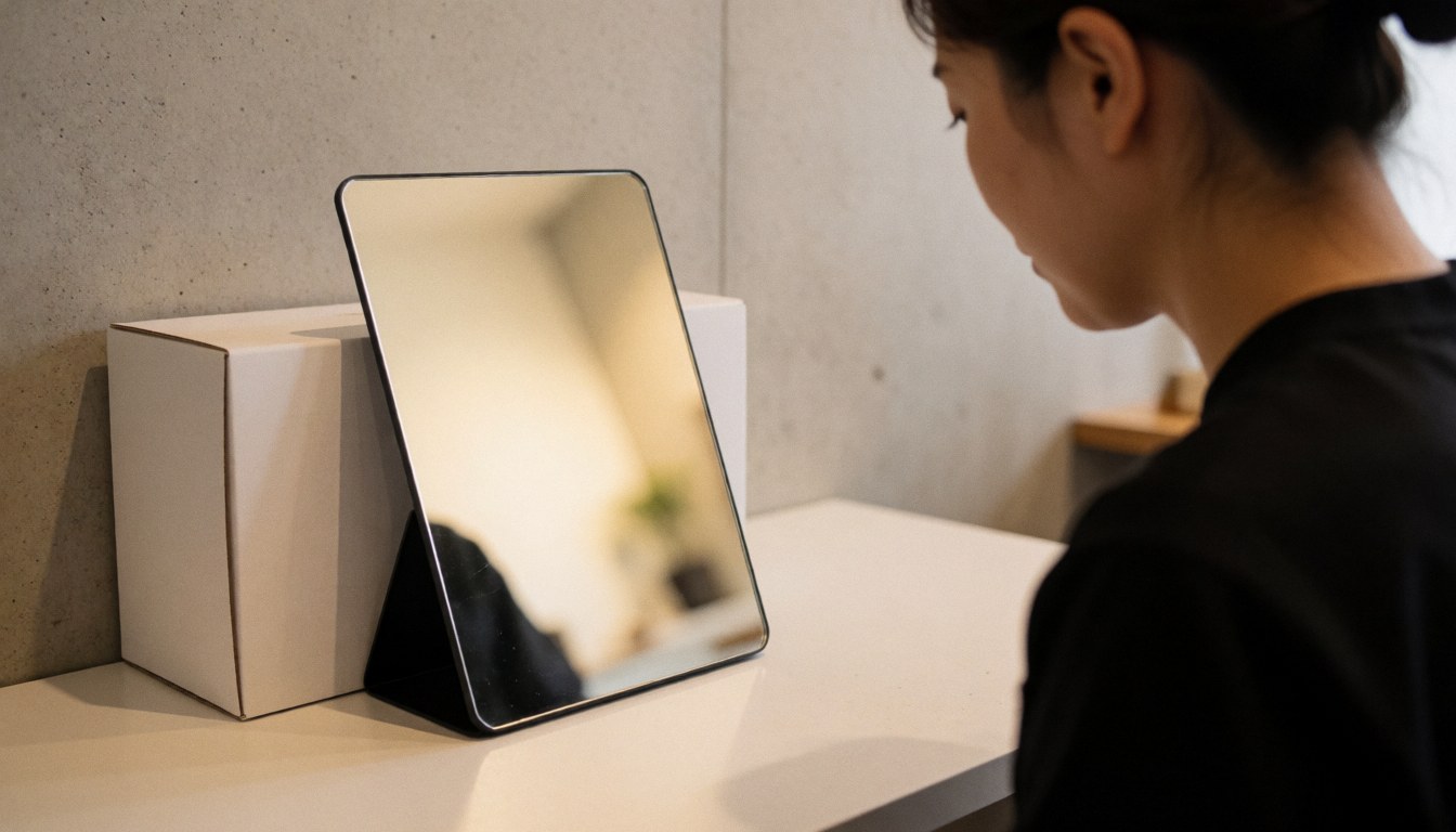 Hand mirror resting on a white box on a table against a concrete wall with warm lighting in a microblading studio