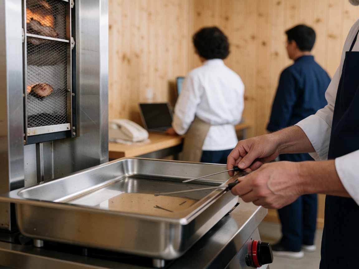Close-up of hands adjusting a metal drainage tray beneath a commercial rotisserie in a clean professional kitchen with wooden walls.