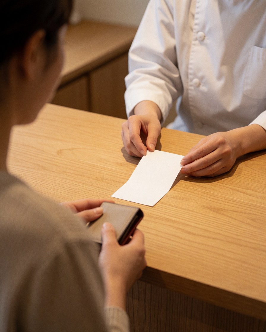 Client paying with wallet at shiatsu reception, professional holding white receipt, light wood and warm light.
