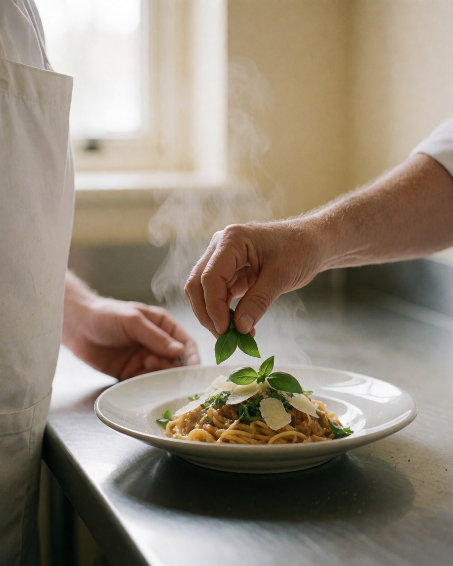 Chef garnishing hot pasta with fresh basil leaves in a professional kitchen setting