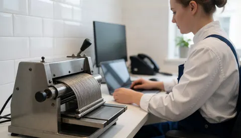 Metal binding machine in a modern office with white tiled walls and a person working on a laptop