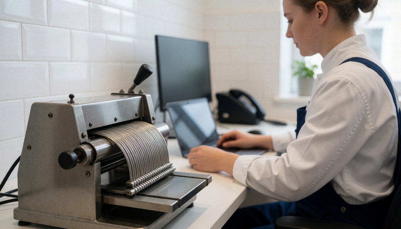 Metal binding machine in a modern office with white tiled walls and a person working on a laptop