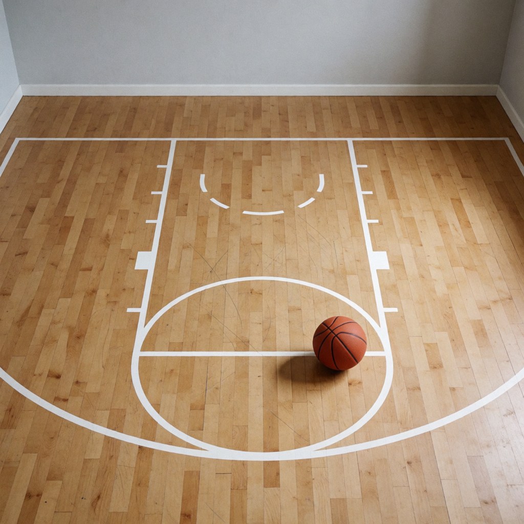 A basketball resting on a wooden court floor with painted lines and gray walls, suitable for sports training contexts.
