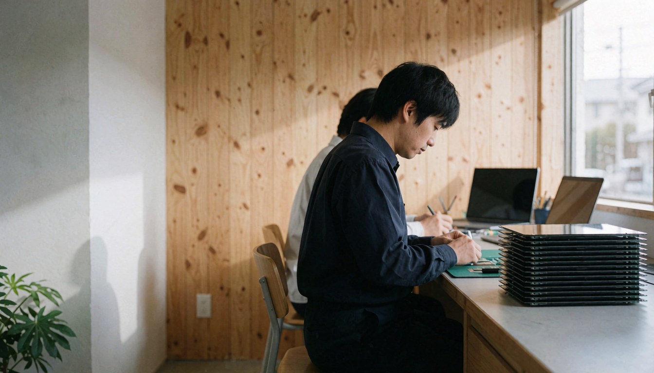Technician working on mobile phone repairs with stacked LCD screens in a bright office with light wood and natural light