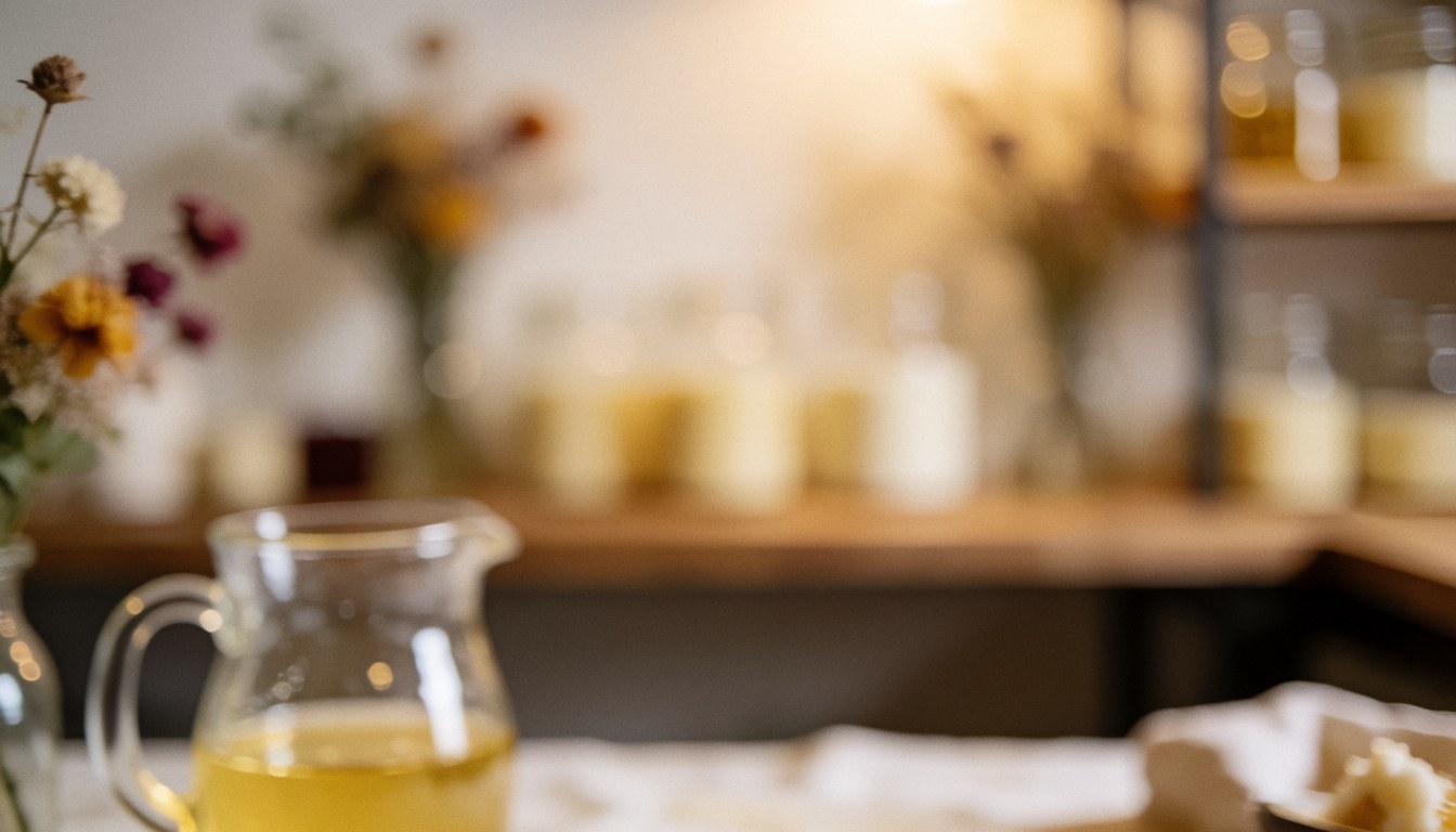 Close-up of a pitcher filled with melted wax on a blurred background featuring bottles and dried flowers, suitable for a warm craft workshop setting.