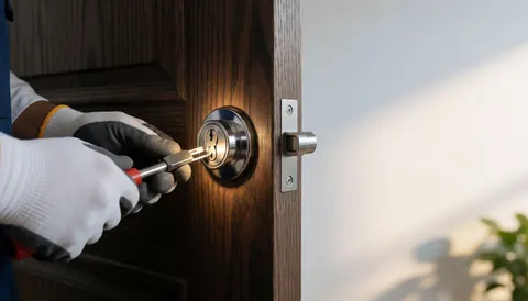 Locksmith adjusting a security cylinder on a dark wooden door with a white wall in the background