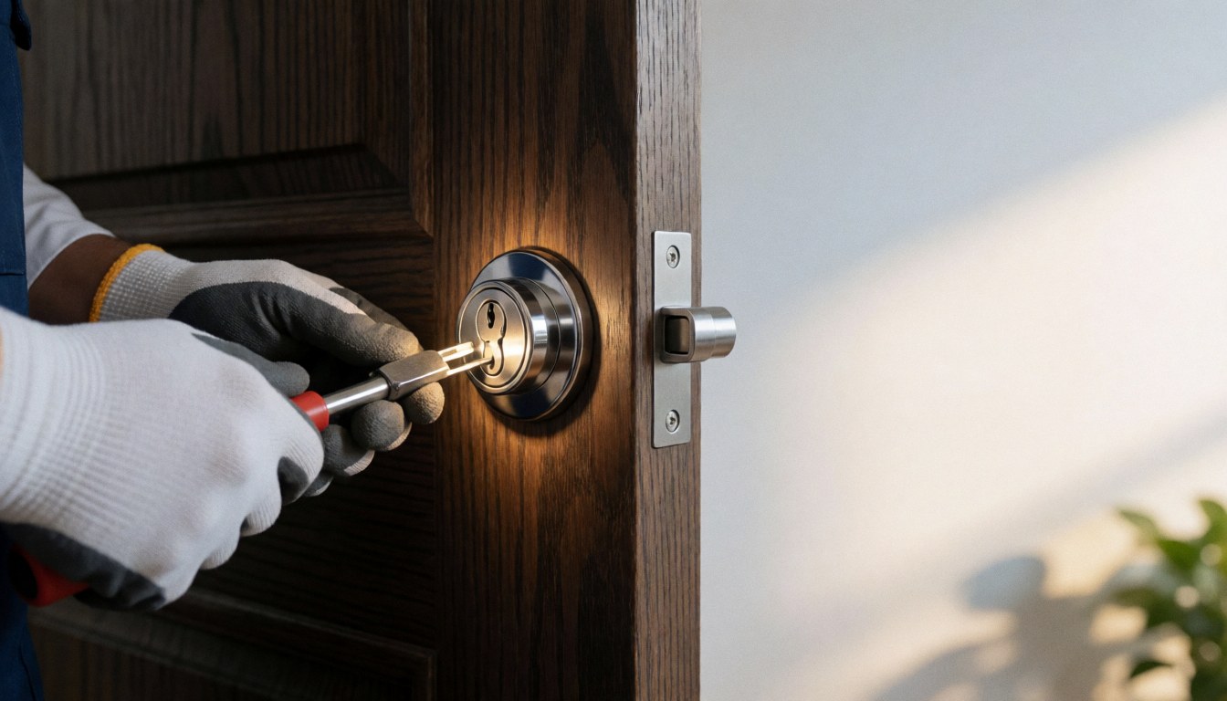 Locksmith adjusting a security cylinder on a dark wooden door with a white wall in the background