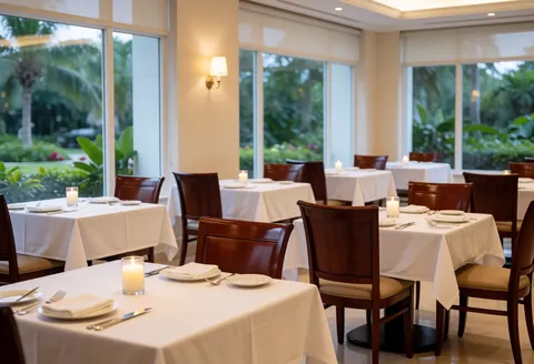 Elegant restaurant dining room featuring tables set with white tablecloths, lit candles, and wooden chairs overlooking a tropical garden.