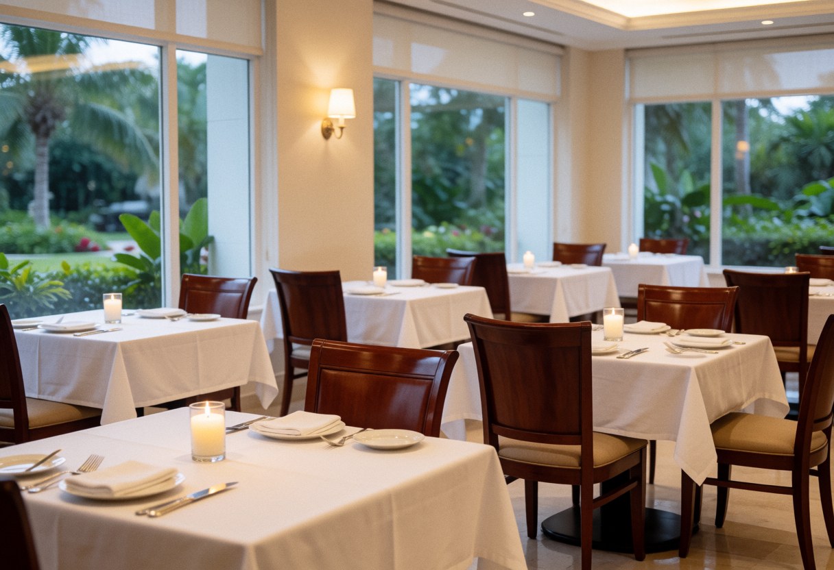 Elegant restaurant dining room featuring tables set with white tablecloths, lit candles, and wooden chairs overlooking a tropical garden.