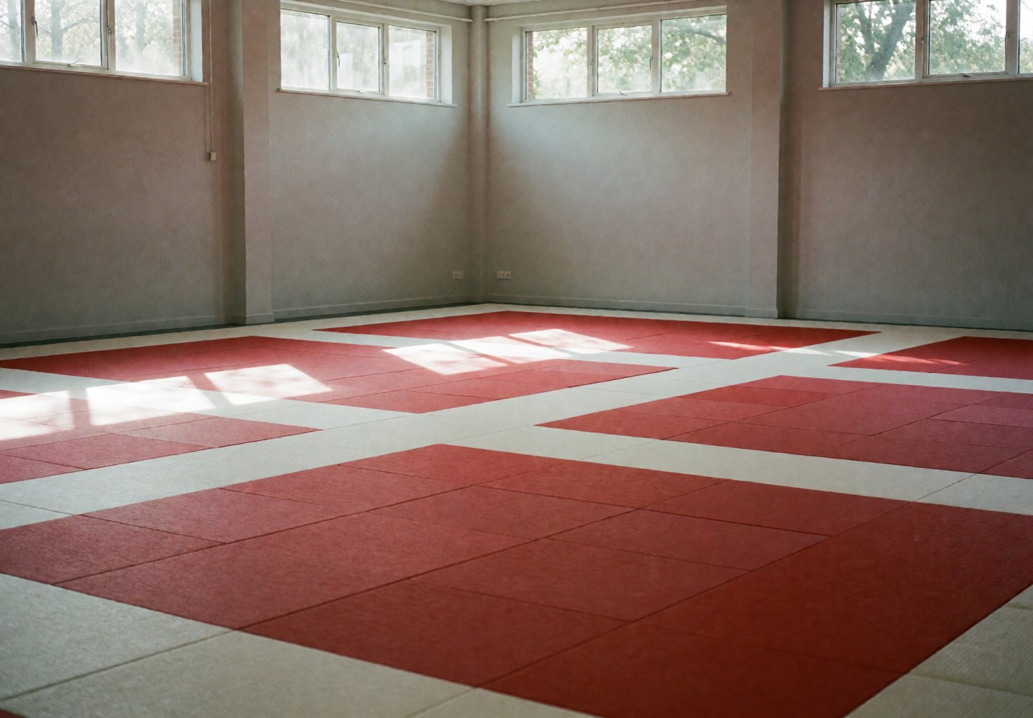Empty karate dojo with red and white mats, gray walls, and sunlight streaming through high windows, ready for training.