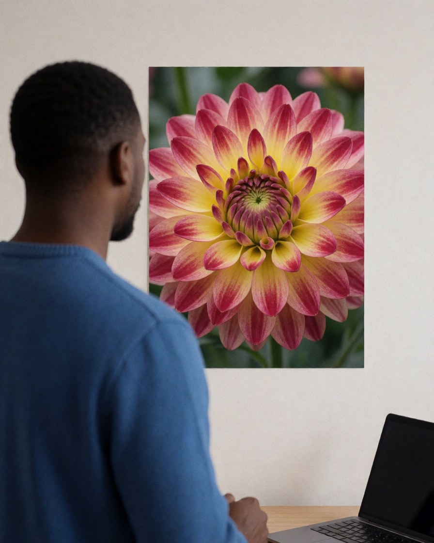 A satisfied customer looks at a vibrant floral poster in a modern office with a laptop on the desk.