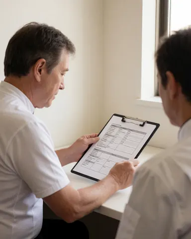 Cycling coach reviewing a printed training plan with a client in a well-lit office