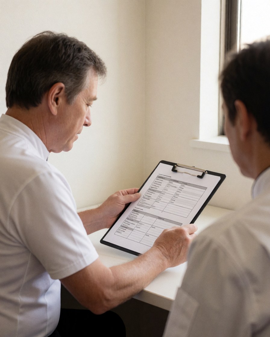 Cycling coach reviewing a printed training plan with a client in a well-lit office