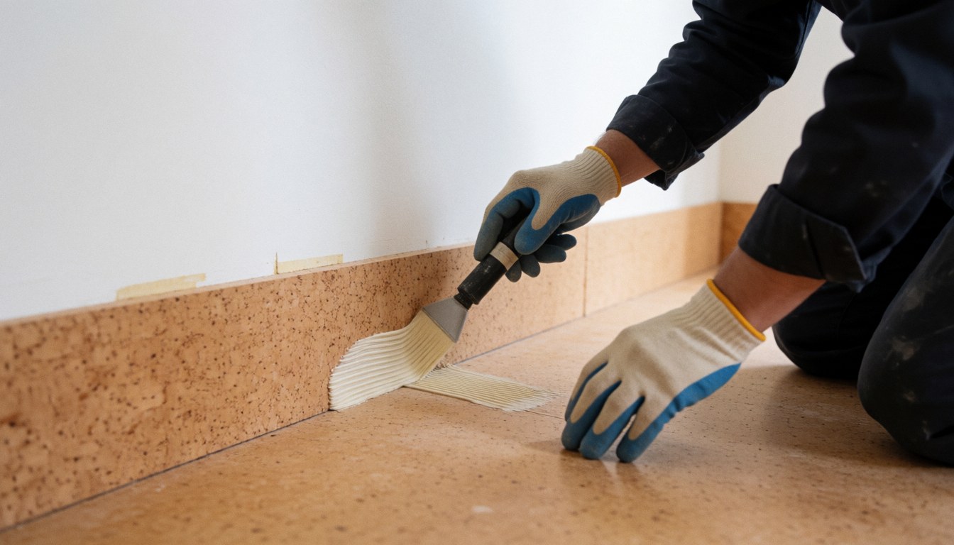 Worker applies adhesive with a brush to the edge of cork flooring against a white wall, wearing protective gloves for professional installation.