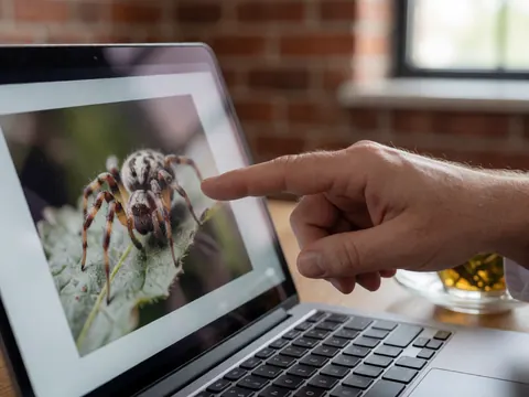 Close-up of a finger pointing at a spider image on a laptop screen placed on a wooden table with a tea cup and brick wall background