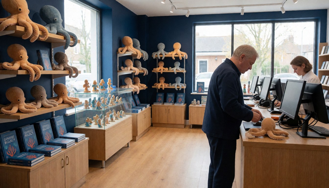 A man displays octopus plush toys and marine biology books on wooden shelves in a gift shop.
