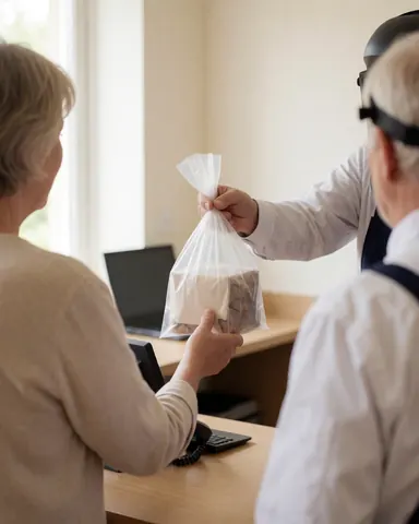 A customer receives a package inside a clean store with natural light and display tables.
