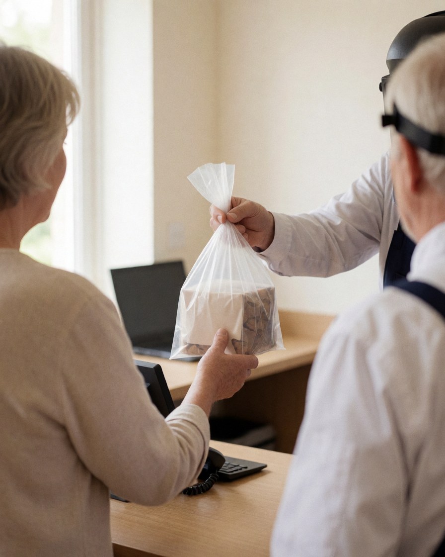 A customer receives a package inside a clean store with natural light and display tables.