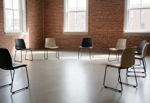 An empty theater space featuring chairs arranged in a circle, brick walls, and natural light, suitable for rehearsals and workshops.