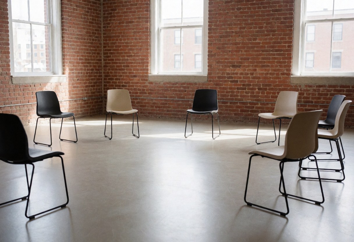 An empty theater space featuring chairs arranged in a circle, brick walls, and natural light, suitable for rehearsals and workshops.