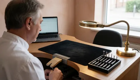 A watchmaker works at a desk with a magnifying glass, screwdrivers, and a laptop in a workshop with terracotta plaster walls and natural light.