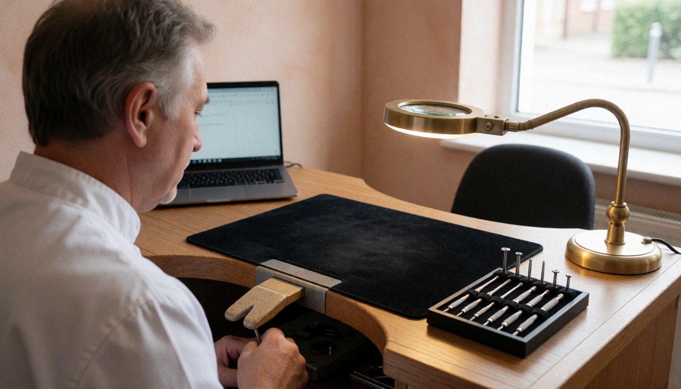 A watchmaker works at a desk with a magnifying glass, screwdrivers, and a laptop in a workshop with terracotta plaster walls and natural light.