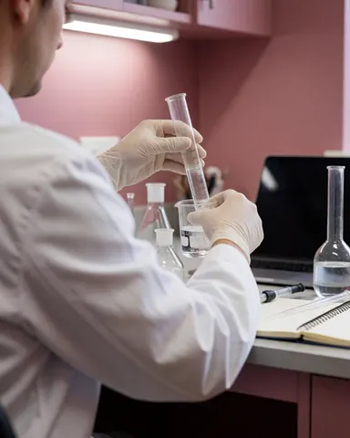 Technician measuring liquid in a graduated cylinder with lab equipment and a pink wall