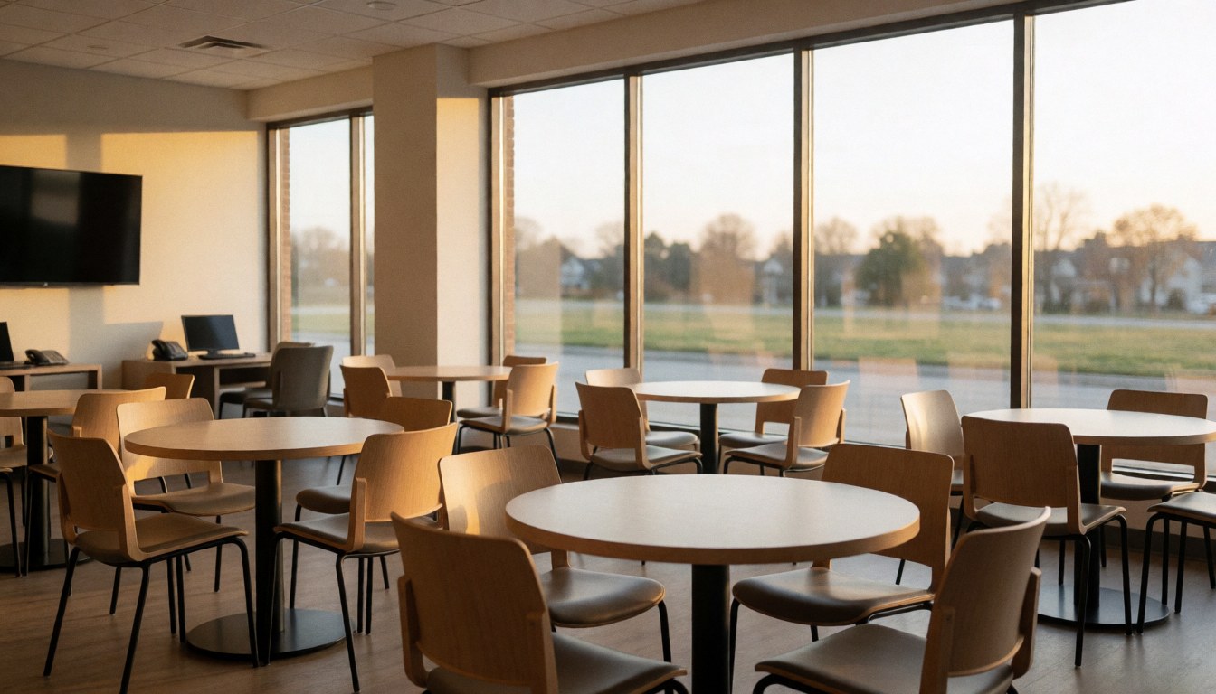 Cozy atmosphere with round tables and chairs, large windows with warm light, blurred background ideal for entertainment center text overlay