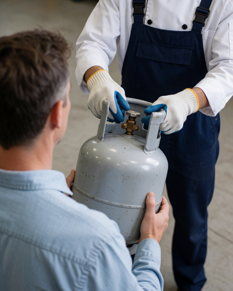 Technician in uniform and gloves inspects an LPG gas tank held by a client in an industrial workshop.